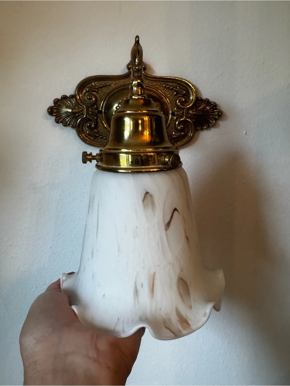 Vintage Brass Wall Sconce with Frosted Swirl Glass Shade